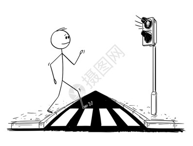 卡通棍子图描绘一个人在十字路口或行人交叉上走而无视红灯照在路上的概念图图片