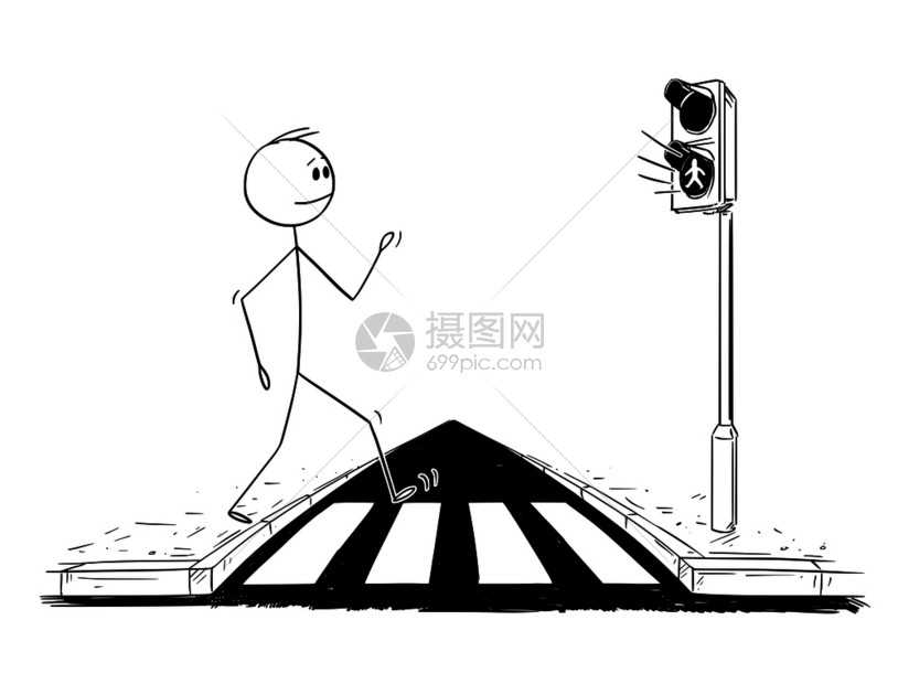 卡通棍子图绘制了人类在十字路口行走或人时在截光灯下挂绿的概念图图片