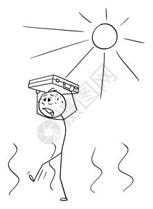 矢量卡棒图描绘口渴人或商在炎热天气中行走的概念图上面有公文包保护他免受太阳的冲击金融危机的假象图片