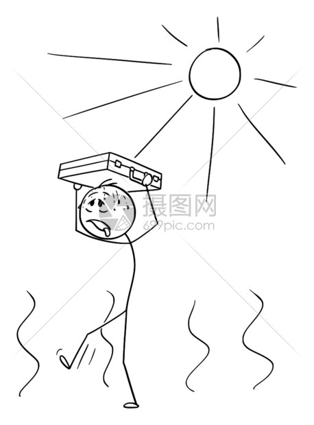 矢量卡棒图描绘口渴人或商在炎热天气中行走的概念图上面有公文包保护他免受太阳的冲击金融危机的假象图片