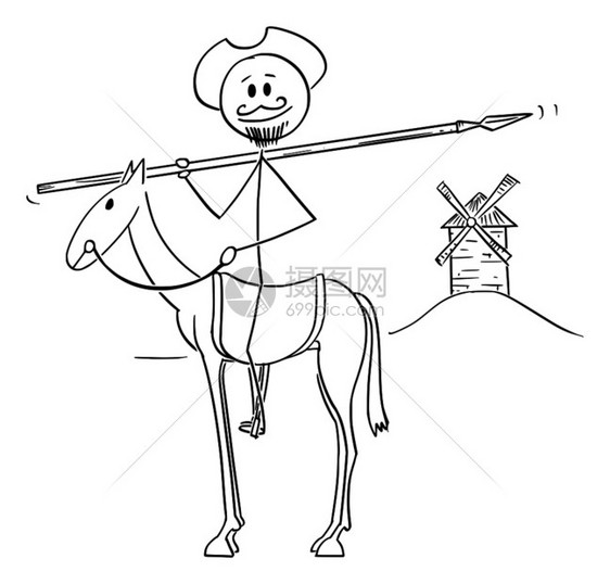 矢量卡片插图说明骑马士和风车的背景唐基乔特人物出自MigueldeCervantes撰写的曼查天才绅士吉奥特爵一书米格尔德塞万提图片