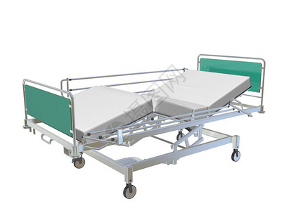 绿色和灰移动可调整的医院床带后座和侧卫的绿色灰移动可调整的医院床3D插图在白色背景下隔离图片