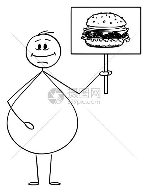 矢量卡通棒图绘制笑超重或肥胖男子持有汉堡或图象的标牌概念说明Junk食品概念SmingObese或超重男子持有汉堡或图象的矢量卡图片