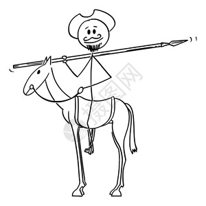 矢量卡通棍图绘制背景上风车骑马士的概念图DonQuijote人物出自书中矢量卡通马骑士的插图Quijote来自曼查的天才绅士Qu背景图片