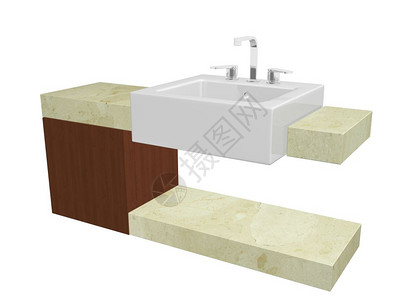 白方水槽有铬龙头坐在大理石桌或顶上有摩哈加尼木制柜子在白色背景下隔离图片