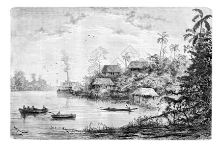 巴西亚马逊孙伊卡河沿线库恩比镇的景象由Riou从照片中绘制刻有古老的插图图片
