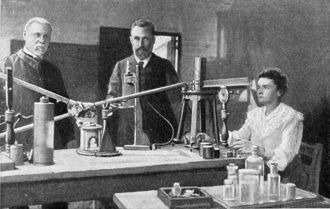 Curie先生和夫人在实验室里刻着古老的插图190年从宇宙和人类那里背景图片