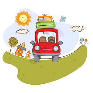 行李箱和红车在路上暑假海报图片