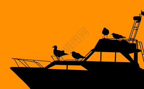 橙色背景上的游艇剪影矢量插画高清图片