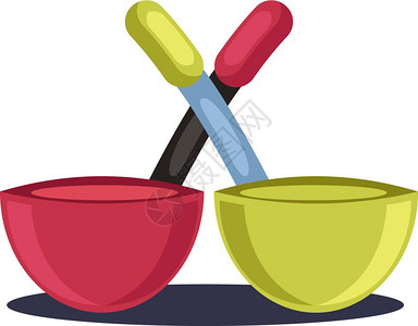 两个碗型烹饪锅一个绿色另红矢量彩绘画或插图图片