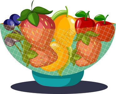 水果碗里装满葡萄草莓芒果樱桃和矢量彩色图或插图片