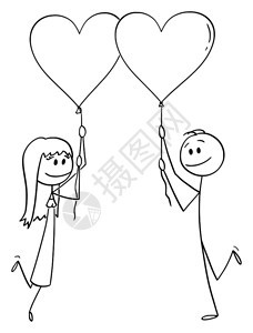 矢量卡通棒图绘制异恋男女在约会时持有心形气球和微笑的概念插图图片