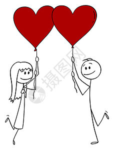 矢量卡通棒图描绘异恋男女在约会时持有红心气球和微笑的概念插图图片