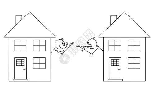 矢量卡通棒图描绘两个男人或邻居从家庭的窗口看争吵或打架的概念插图图片