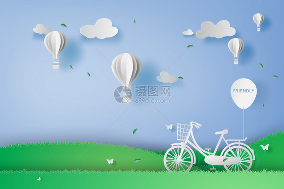 剪纸风格花园中的自行车和热气球插图图片