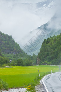 穿过挪威山的通路雾雨日美丽的绿色夏季风景旅行和游图片