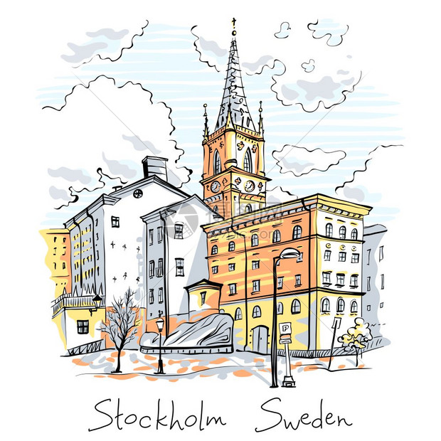 瑞典首都斯德哥尔摩老城RiddarholmenGamlaStan的矢量草图瑞典斯德哥尔摩Riddarholmen图片