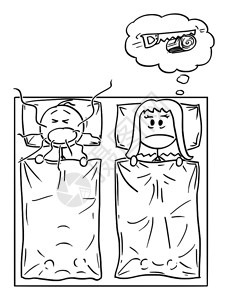 矢量卡通插图绘制卧室床上夫妇的概念图男人在打呼噜女可以睡床和男人打呼噜时女可以睡男在打呼噜女可以睡VectorCartoonof背景图片