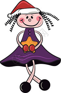 穿着紫色礼服和圣诞树帽的笑娃拿着金星矢量彩色图画或插图片