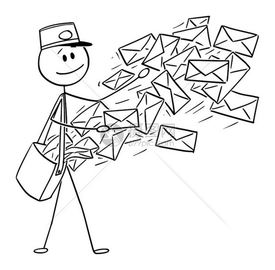 矢量漫画棒图绘制邮差发送或件信封的概念插图图片