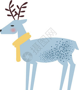 一只有角的美丽蓝鹿戴着黄色颈围巾矢量彩色画或插图图片