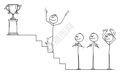 矢量卡通棒图绘制商人上楼为赢者和奖杯攀登楼梯的概念图而商业团队则在鼓掌和图片