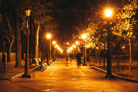 长凳路灯夜间城市公园木板街灯和公园小巷背景