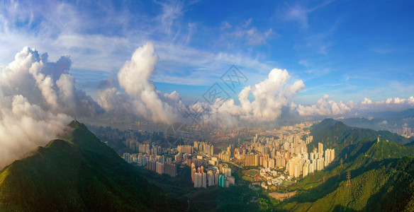 香港市心空景象亚洲技术智能城市的金融区和商业中心日落时摩天大楼和高的顶层景象图片