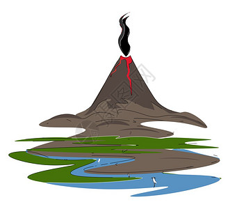 活火山喷发烟雾和熔岩矢量的彩色绘画或插图图片
