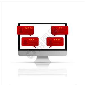 带有客户审查评级信息台式Pc显示和在线审查或客户证词经验或反馈概念评级星的计算机图片