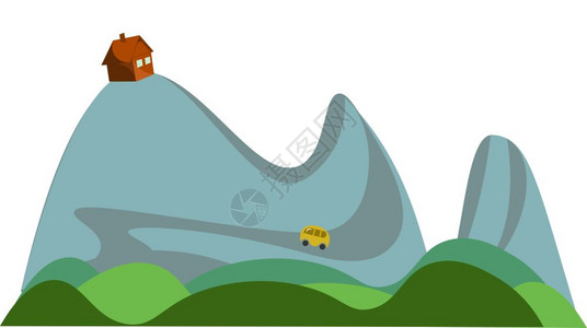山顶的孤单房屋和道路矢量图图片