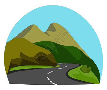 未完成一条鲜有棕山和绿灌木的地道路肖像一个清蓝的天完成背景矢量颜色图画或插插画