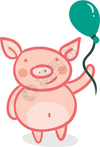粉红小猪在手矢量的彩色绘画或插图上拿着绿色气球图片