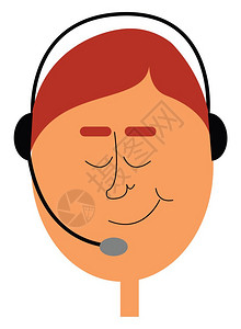 电话接线员用黑色耳机染发眉毛红眼睛闭着面部矢量彩色图画或插上有笑容的表情图片