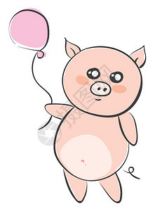画一只卡通猪的图画其尾和笑脸朝颊微时将粉红色气球挂在脸颊上同时站立矢量彩色图画或插背景图片