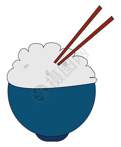 装满大米和两块木的巨型碗滑盘将食物转移或提供给板的矢量彩色图或插图片