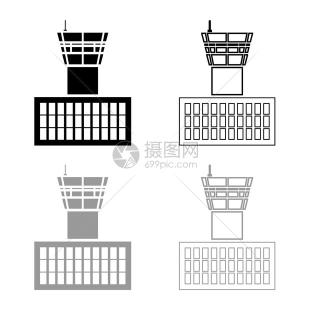 机场控制塔大楼飞行控制塔图标示大纲设定黑色灰矢量说明平板风格简单图像图片