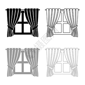 窗幕和口内部概念家庭窗口视图装饰窗口视图标大纲设置黑色灰矢量显示平板风格简单图像图片