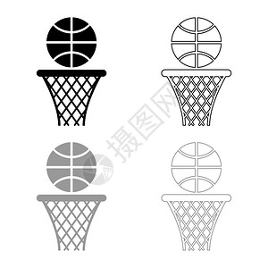 篮球洞网和图标大纲设置黑色灰矢量说明平板风格简单图像图片