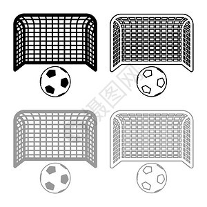 足球和门击的概念目标大足球柱图大纲设置黑色灰矢量插图平板风格的简单图像图片