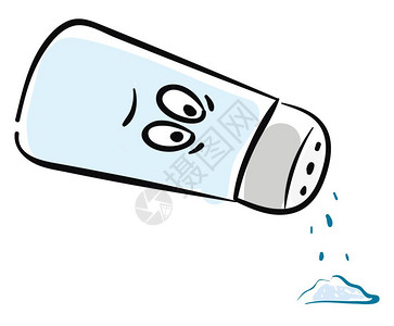 蓝色盐汁罐的食道银螺帽上少有孔的蓝色盐汁罐头食道表示悲哀同时倾斜以配合菜盘矢量的彩色绘画或插图图片