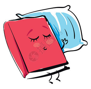 红色彩书的Emoji在睡蓝色枕头矢量彩画或插图上时闭着眼睛的红色书图片