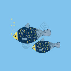 蓝海其中两条鱼游泳并形成黄泡三角形头的在蓝体鳍和尾矢量颜色图或插上标定比例尺图片