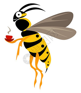 小黄蜂可爱的带有黑和斑点在身体上握着一杯咖啡蒸汽图片