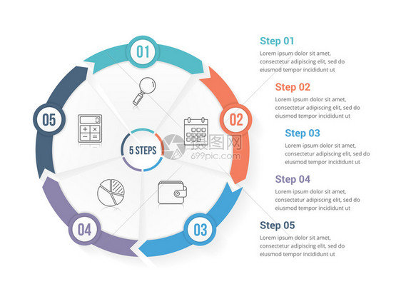 圆形箭头包含五个元素步骤或选项工作流程或进图矢量eps10插图的模板带有五个元素的圆形箭头图片