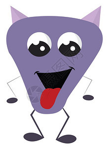 一个快乐的紫色怪物上面有角和舌头露出矢量彩色画或插图图片
