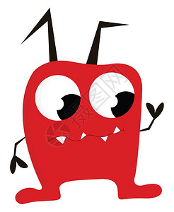 一个可爱的小红怪兽角垂下矢量彩色画或插图背景图片