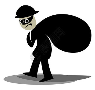 黑装帽子和眼罩的小偷滑板在脸上有笑容同时携带一袋偷来的黑物品偷溜通过向量彩色图画或插图片