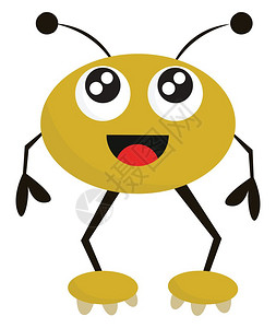 一只快乐的黄色怪物滑板圆脸两角双眼卷起舌头卡在一边站着向量彩色画或插图图片