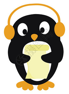 有黄色反向三角形鼻子和黄色脚的可爱小黑企鹅正在用黄耳机矢量彩绘画或插图监听音乐图片